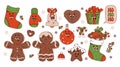 Christmas retro cartoon characters. Gingerbread man, Xmas sock, glove, ball, bell, gift and more. 60 -70s vibes sticker