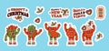 Christmas retro cartoon characters stickers set. Xmas stocking, ball, gift and cup cocoa. 60 -70s vibes in trendy groovy