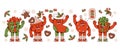 Christmas retro cartoon characters. Xmas stocking, ball, gift and cup cocoa. 60 -70s vibes sticker set in trendy groovy