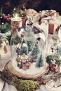 Christmas retro decoration with winter scene inside glass dome