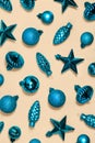 Christmas retro decorations vertical background. Xmas vintage blue shiny ornaments. New Year blue star shaped toys Royalty Free Stock Photo