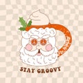 Christmas retro greeting card with cup in the shape of Santa Claus. Groovy hot chocolate cup with lettering quote in 70s style.