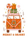 Christmas retro greeting card with hippie van, gifts, lollipops, garland and decorative elements. Royalty Free Stock Photo