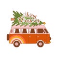 Christmas retro greeting card with hippie van and spruce. Groovy truck with lettering quote in 70s style. Royalty Free Stock Photo