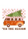 Christmas retro greeting card with hippie van and spruce. Groovy truck with lettering quote in 70s style. Royalty Free Stock Photo