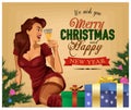 Christmas retro poster. Pin Up Girl with champagne