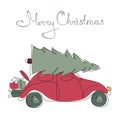 Christmas retro red car carry tree on roof