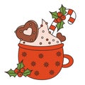 Christmas retro red winter cup cocoa with gingerbread, holly and striped candy cane. Sweet traditional dessert.