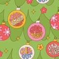 Christmas retro 30s squar cards with hippie greetings on decorative balls. Christmas tree with flowers and lettering