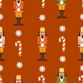 Christmas retro seamless pattern with groovy nutcracker toy, candy cane and snowflake.