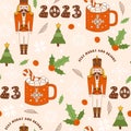 Christmas 2023 retro seamless pattern with groovy Nutcracker toy, hot chocolate cup, holly, spruce and abstract elements.