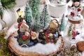 Christmas retro decoration with winter scene of two mice figurines