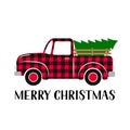 Christmas retro truck. Red buffalo plaid pattern. Vintage pickup delivers tree. Vector template for winter holidays