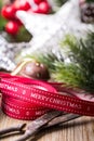 Christmas ribbon scissors decorations fir stars balls Royalty Free Stock Photo