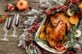Christmas roast duck with oranges and wine served on a festive table. top view Royalty Free Stock Photo