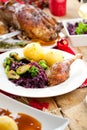 Christmas roast duck served on a festive table Royalty Free Stock Photo