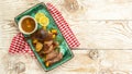 Christmas roast duck served on a festive table. Thanksgiving or Christmas Dinner. top view. place for text Royalty Free Stock Photo