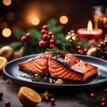 Christmas roasted salmon. New Year's dish. Red fish dish.