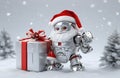 Christmas Robot santa claus holding a silver gift box in a snow christmas background. Festive illustration.