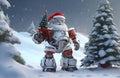 Christmas Robot santa claus holding a silver gift box in a snow christmas background. Festive illustration.