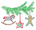 Christmas rocking horse gingerbread man, star with fir branch. Holiday decor, tree and snow.