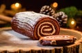 Christmas Roll Cake on Blurred Festive Background - Generative AI Royalty Free Stock Photo