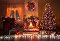 Beautiful decorated living room with a christmas tree and a fire place Royalty Free Stock Photo