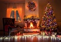 Beautiful Decorated Living Room With A Christmas Tree And A Fire Place