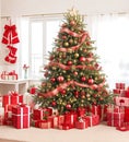 Christmas room with decorated fir tree and gifts, holiday, celebration, Christmas postcard