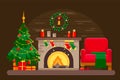 Christmas room with fireplace and Christmas tree, armchair and gifts. Royalty Free Stock Photo