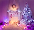 Christmas Room Fireplace Tree Lights, Xmas Home Interior Royalty Free Stock Photo