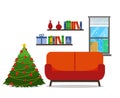 Christmas room interior. Christmas tree wih sofa. Flat style vector illustration. Royalty Free Stock Photo