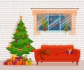 Christmas room interior in colorful cartoon flat style