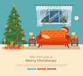 Christmas room interior in colorful cartoon flat style