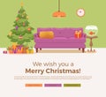 Christmas room interior in colorful cartoon flat style