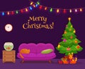 Christmas room interior in colorful cartoon flat style.