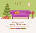 Christmas room interior in colorful cartoon flat style