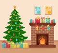 Christmas room interior with decorated fir tree and fireplace, vector illustration Royalty Free Stock Photo