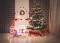 Christmas room interior design, decorated tree in garland lights Royalty Free Stock Photo