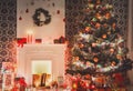 Christmas room interior design, decorated tree in garland lights Royalty Free Stock Photo