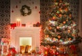 Christmas room interior design, decorated tree in garland lights Royalty Free Stock Photo