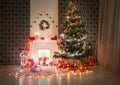 Christmas room interior design, decorated tree in garland lights Royalty Free Stock Photo