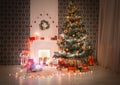 Christmas room interior design, decorated tree in garland lights Royalty Free Stock Photo