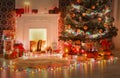 Christmas room interior design, decorated tree in garland lights Royalty Free Stock Photo