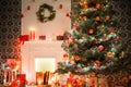 Christmas room interior design, decorated tree in garland lights Royalty Free Stock Photo