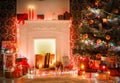 Christmas room interior design, decorated tree in garland lights Royalty Free Stock Photo