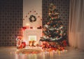 Christmas room interior design, decorated tree in garland lights Royalty Free Stock Photo