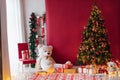 Christmas Room Interior Design, Xmas Tree Decorated By Lights Presents Gifts Toys, Royalty Free Stock Photo