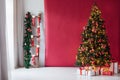 Christmas Room Interior Design, Xmas Tree Decorated By Lights Presents Gifts Toys, Royalty Free Stock Photo