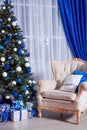 Christmas Room Interior Design, Xmas Tree Decorated By Lights, Presents, Gifts, Toys And Garland Lighting Royalty Free Stock Photo